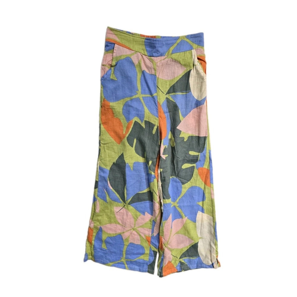 Christian Siriano 100% Linen Abstract Wide Leg Pants Colorful Pockets XS